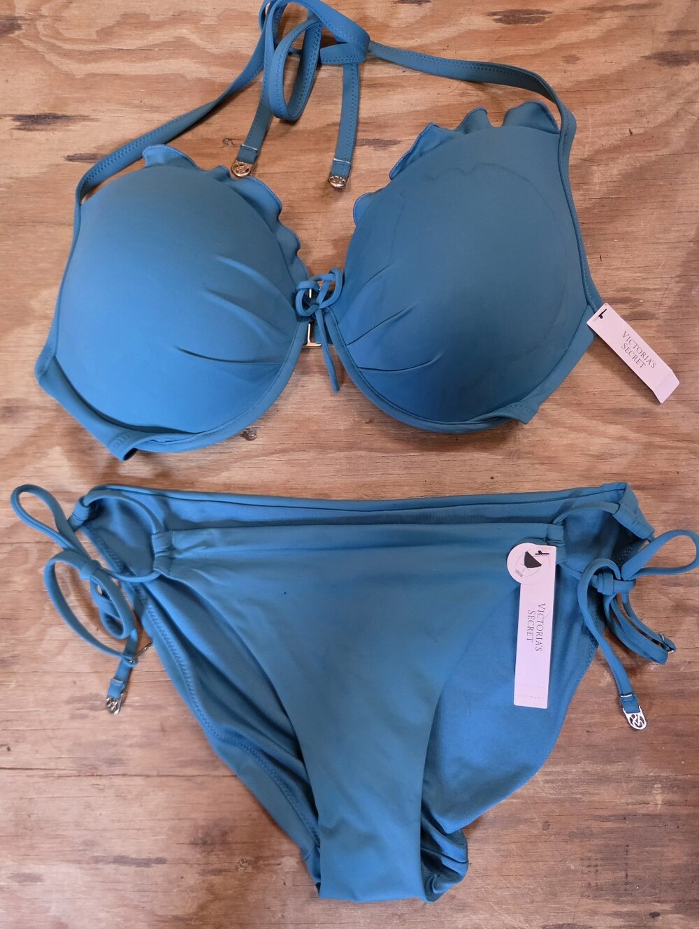 NWT Victoria's Secret Teal Ruffle Underwire Halter Bikini Set 34DD Medium M